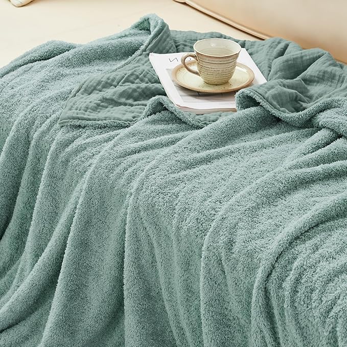 EMME Muslin and Fleece Throw Blanket Reversible - 50"*60" Teal Soft Warm Throw Blankets for Couch Bed Picnic Travel Bed