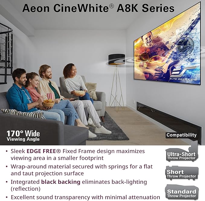 Elite Screens Aeon CineWhite A8K, 123" Diag, 16:9 Aspect Ratio, ISF Certified 8K Ultra HD Home Theater Fixed Frame Edge Free Projection Sound Transparent Perforated Weaved Screen, AR123H-A8K
