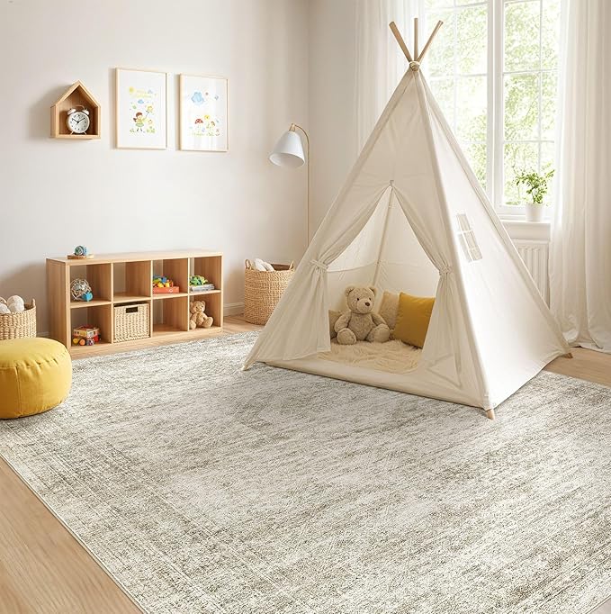 Washable Area Rugs for Living Room -8x10 Neutral Vintage Distressed Floral Farmhouse Boho Large Soft Floor Rug Indoor Non Slip Carpet for Living Room Bedroom Dining Room Office-Beige