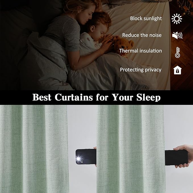 RAIN CITY Light Green Linen Blackout Curtains 90 Inch Long for Living Room,2 Panels Pinch Pleated Drape with Hooks Back Tab Boho Decor, Textured Full Black Out Curtains for Bedroom 50 x 90