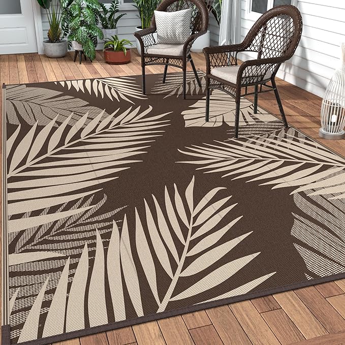 GENIMO Outdoor Rug 4' x 6' Waterproof for Patios Clearance, Reversible Outdoor Plastic Straw Camping Rug Carpet, Large Area Rugs Mats for RV, Camper, Deck, Balcony, Porch, Beach, Coffee&Beige