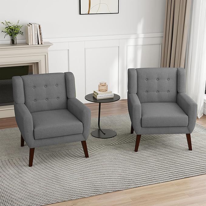 UIXE Accent Chair, Modern Upholstered Armchair in Fabric for Living Room, Comfy Club Arm Chairs Single Sofa Button Tufted Bedroom Reading Seat - Gray, Set of 4