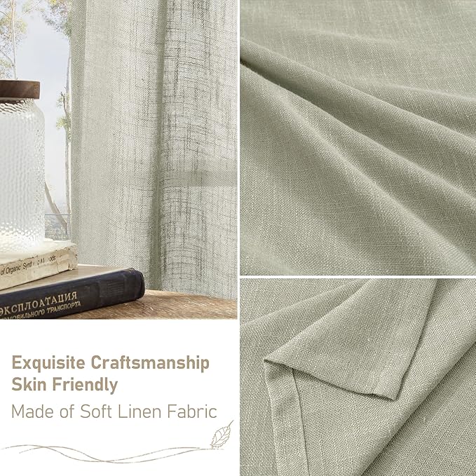 LAMIT Short Linen Curtains 40 Inch Length, Sage Grey Small Window Semi Sheer Drapes Light Filtering Bronze Grommet Neutral Panels for Cafe/Basement, 2 Panels Set, 34 x 40 Inch