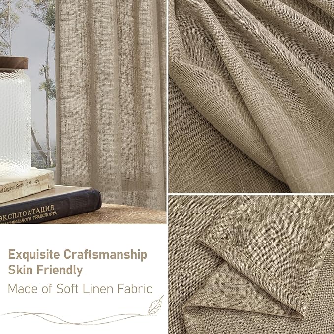 LAMIT Linen Curtains 63 Inch Length 2 Panels for Bedroom, Semi Sheer Drapes Light Filtering Neutral Window Treatments with Bronze Grommet for Living Room Rustic Country Decor, Taupe, 52 X 63 Inch