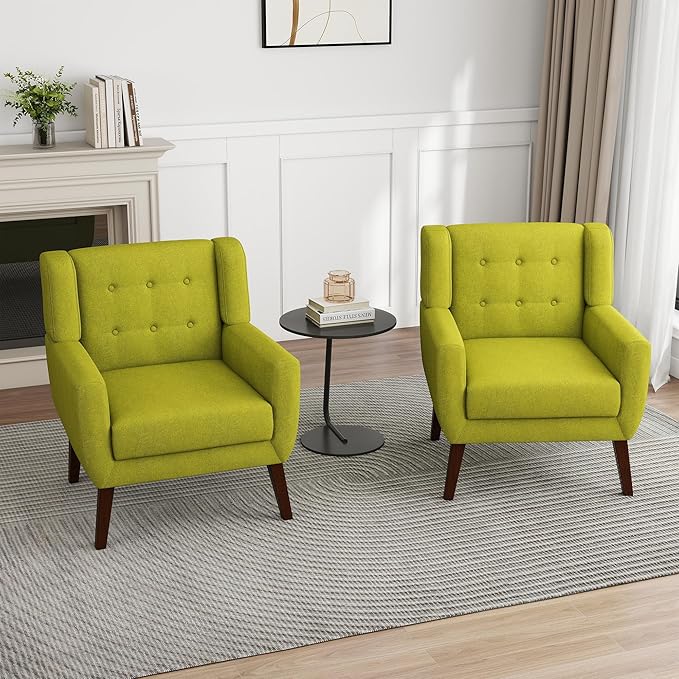 UIXE Accent Chairs Set of 2, Modern Upholstered Arm Chair, Mid-Century Club Armchair Comfy Single Lounge Sofa Button Tufted Living Room Reading Seat Bedroom Side Sitting for Home Office,Green