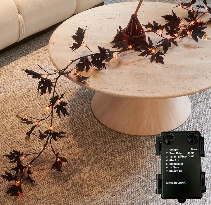 Birchlitland Halloween Black Maple Garland with Lights Timer 48 LED Orange and Warm White Fairy Lights, Battery Operated for Indoor and Outdoor Halloween Party Decoration