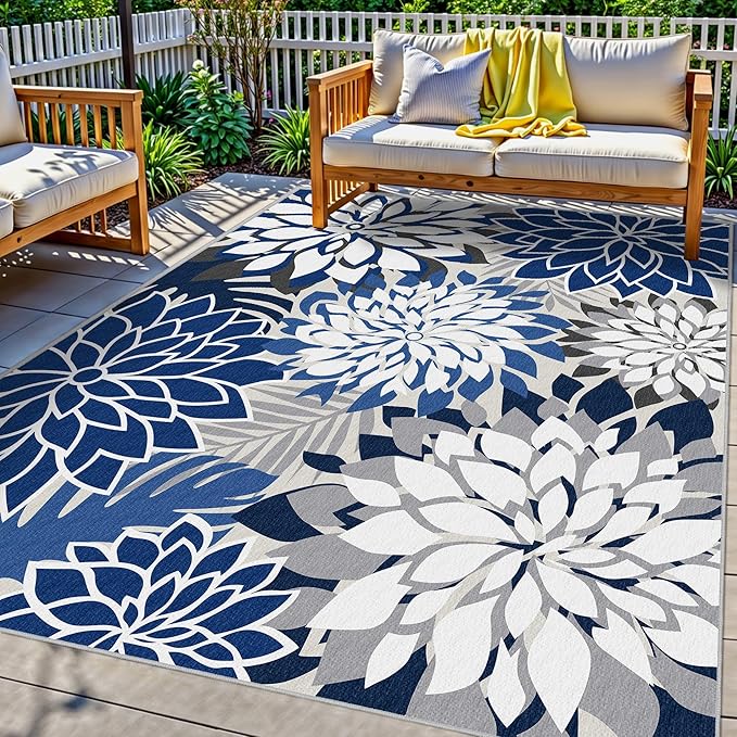 Indoor Outdoor Area Rug Washable Multicolored Patio Rug Tropical Botanical Modern Floral Indoor Outdoor Carpet Blue White Rug Non Slip for Patio, Deck, Backyard, Porch (9x12)