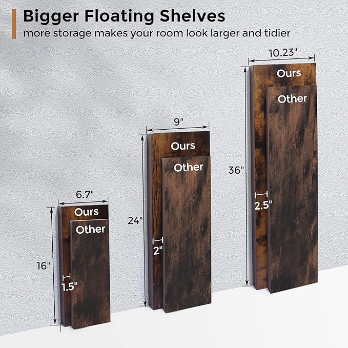 Floating Shelves - 2 Pack 9 Inch Rustic Wooden Wall Shelves - Extra Deeper & Thicker Wall Mounted Storage Shelf for Living Room, Kitchen, Farmhouse - 24" W x 9" D x 1.6" H - Rustic Brown