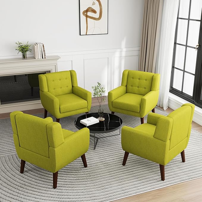 UIXE Accent Chair, Modern Upholstered Armchair in Fabric for Living Room, Comfy Club Arm Chairs Single Sofa Button Tufted Bedroom Reading Seat - Green, Set of 4