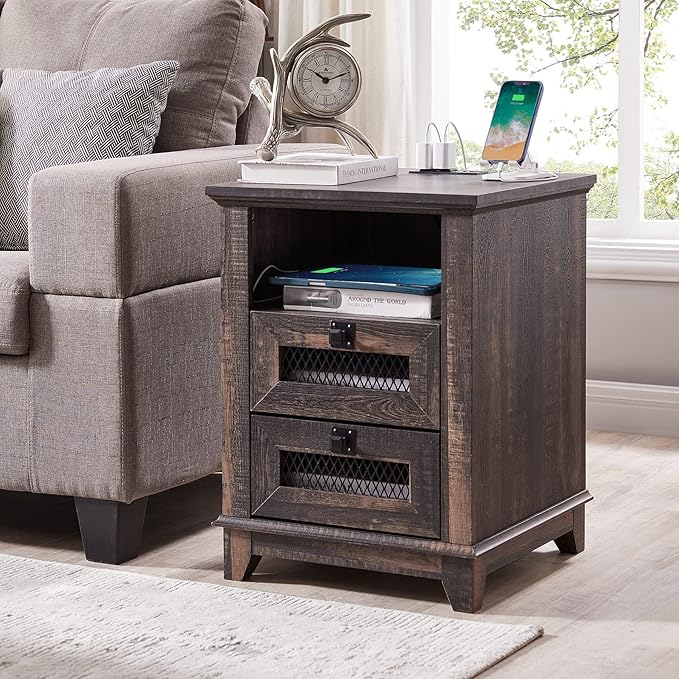 OKD Nightstand with Charging Station, 18'' Industrial & Farmhouse End Table with 2 Drawers & Open Cubby, Rustic Mesh Drawer Sofa Side Table w/Storage for Bedroom, Living Room, Office, Dark Rustic Oak