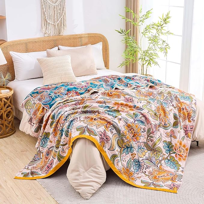 Boho Throw Blanket for Bed, 100% Cotton Soft Rustic Quilt Fall Blanket, 80"x90" Floral Printed Farmhouse Decor Bed Blankets, All Season Rustic Reversible Bohemian Throw Quilt