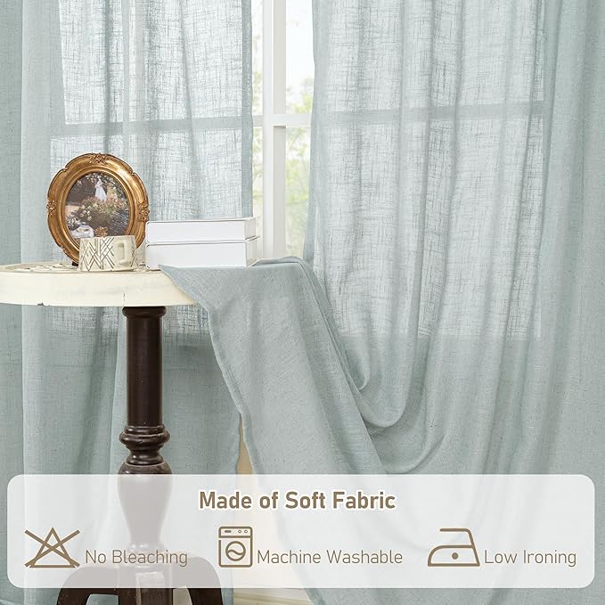 LAMIT Greyish Blue Linen Curtains for Windows 2 Panels Set, 48 Inch Linen Textured Light Filtering Drapes Bronze Grommet Boho Panels for Farmhouse/RV Camper/Loft, 34 x 48 Inch