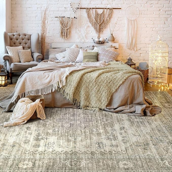 Washable Area Rugs for Living Room -10x14 Neutral Vintage Distressed Floral Farmhouse Boho Large Soft Floor Rug Indoor Non Slip Carpet for Living Room Bedroom Dining Room Office -Brown/Tan
