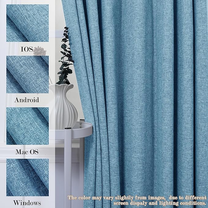 Extra Wide 100% Blackout Linen Textured Curtains - Room Dividers, W150 x L108 (1 Panel), Pinch Pleat Drapes for Living Room, Full Light Block Out Drapery for Sliding Door, Blue