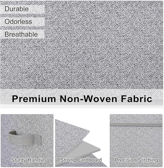WUIKE Foldable Storage Bins with Lids, Storage Boxes with Handles, Closet Shelf Organizer, Fabric Storage Baskets for Bedroom, Decorative Storage Containers, Large, Ash Gray, 3-Pack