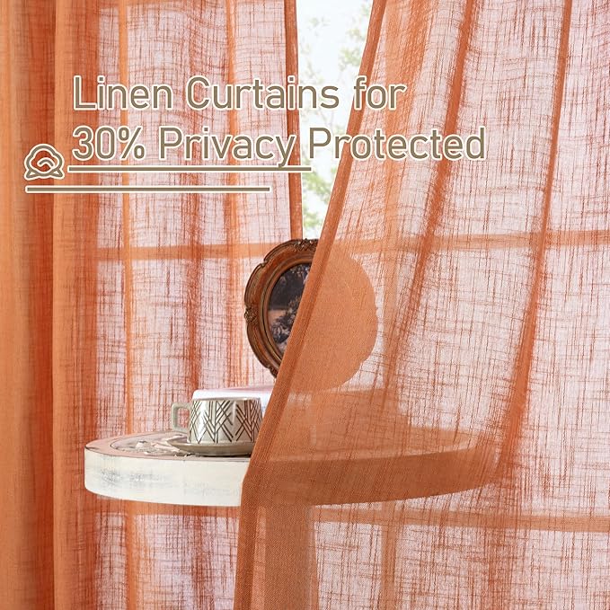 LAMIT Burnt Orange Linen Curtains 40 Inches Long for Windows, Bronze Grommet Semi Sheer Privacy Panels Light Filtering Boho Farmhouse Neutral Drapes for Bedroom/Living Room, 34 x 40 Inch, 2 Panels