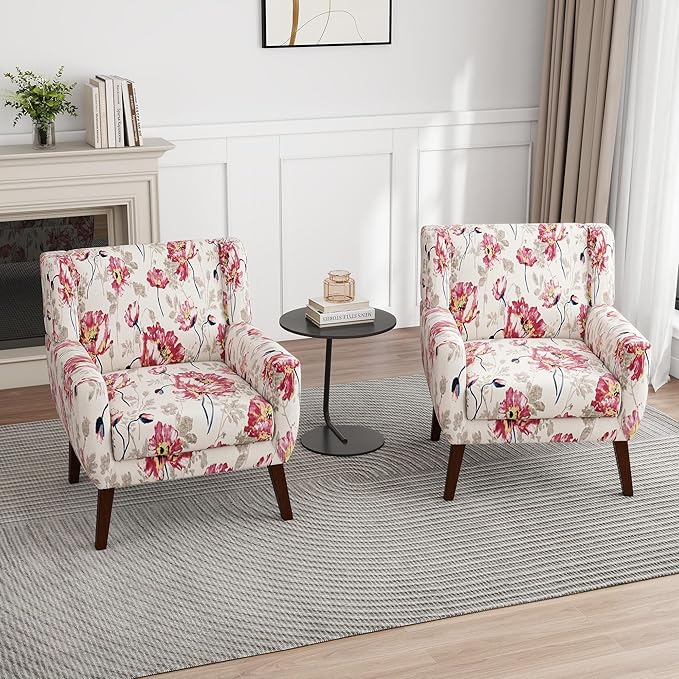 UIXE Floral Accent Chair, Modern Upholstered Armchair in Fabric for Living Room, Comfy Club Arm Chairs Single Sofa Button Tufted Bedroom Reading Seat - Pattern White, Set of 1