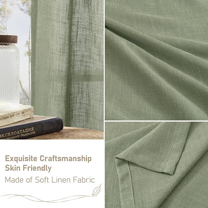 LAMIT Semi Sheer Linen Curtains 36 Inch Length, Light Filtering Panels Bronze Grommet Boho Neutral Christams Window Drapes for Kitchen/Small Windows/Cafe, Sage Green, 34 x 36 Inch, 2 Panels