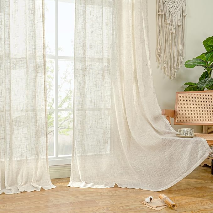 LAMIT 38 Inch Width Semi Sheer Linen Curtains 2 Panels, Cream Ivory Light Filtering Panels Bronze Grommet Boho Neutral Drapes for Living Room/Bedroom/Farmhouse, 38 x 84 Inch