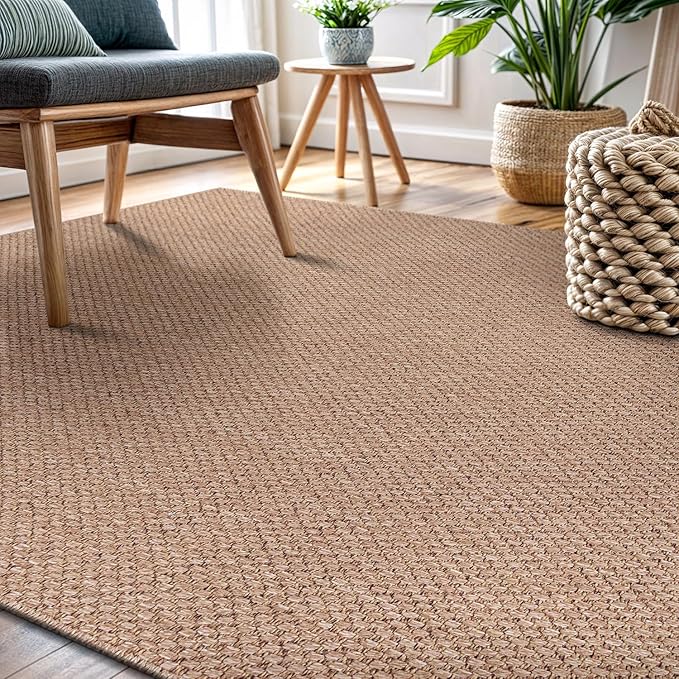 CAMILSON Easy Jute Rug 5x7, Indoor Outdoor Natural Color Farmhouse Area Rugs for Living Room Patio and Kitchen Rug, Solid Boho Woven Design, Easy-Cleaning, Washable Outside Carpet Alfombras (5 x 7)