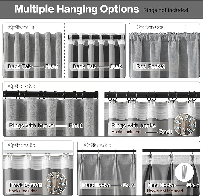 RAIN CITY 94 Inch Long Blackout Curtains 2 Panels Set,70 Inch Wide Back Tab Pleated Curtains with Hooks Track System,Energy Efficinet Linen Blend Drapes for Dining Room Hoom Office 70x94,Grey