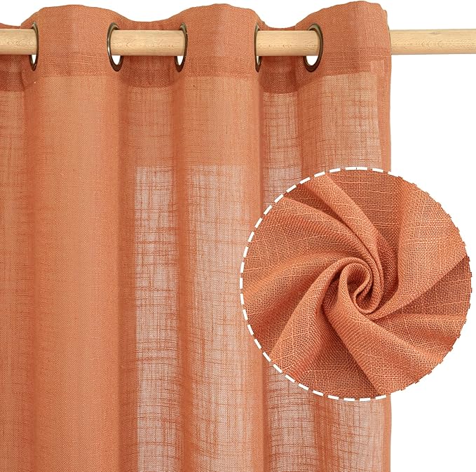 LAMIT Sheer Linen Curtains 63 Inch for Bedroom, Light Filtering Country Decor Semi Sheer Farmhouse Boho Curtains Bronze Grommet Living Room Panels, Burnt Orange, 2 Panels, 52 x 63 Inch
