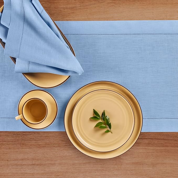 Solino Home Linen Cornflower Blue Table Runner 72 Inches Long - 100% Pure Linen Hemstitch Table Runner 14 x 72 Inch for Dresser, Dining - Classic Hemstitch