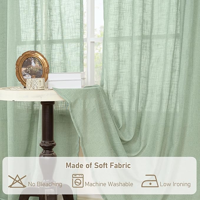 LAMIT Fresh Green Linen Curtains 72 Inch Length for Living Room, Soft Thick Linen Textured Window Drapes Semi Sheer Light Filtering Bronze Grommet Panels Rustic Country Decor, 2 Panels, 52 x 72 Inch