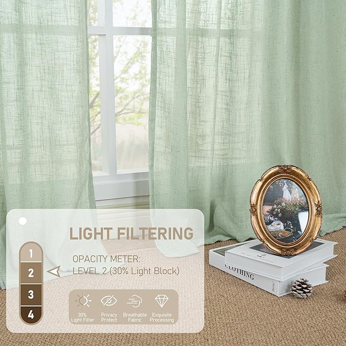 LAMIT Short Linen Curtains 40 Inch Length for Small Window, Fresh Green Light Filtering Semi Sheer Panels Bronze Grommet Neutral Drapes for Basement/Window, 2 Panels, 34 x 40 Inch