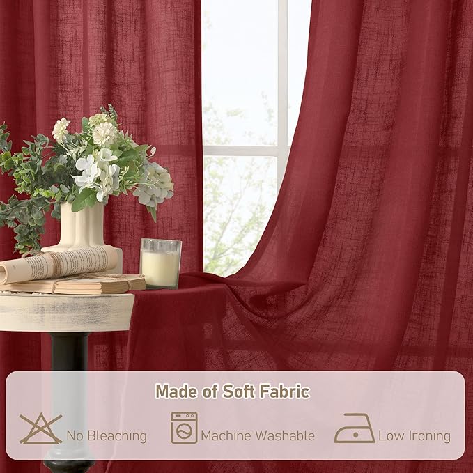 LAMIT 90 inch Red Linen Curtains for Living Room 2 Panels, Light Filtering Christmas Drapes Semi Sheer Bronze Grommet Curtain Panels for Bedroom/Farmhouse, Burgundy Red, 52 x 90 Inch