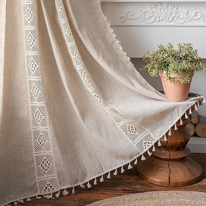 Sutuo Home Boho Curtain Semi-Blackout Crochet Hollow Lace Patchwork with Textured Linen Fabric, Handmade Tassels Rod Pocket Bohemian Window Drapes for Living Bedroom, 59" W x 96" L, 1 Panel