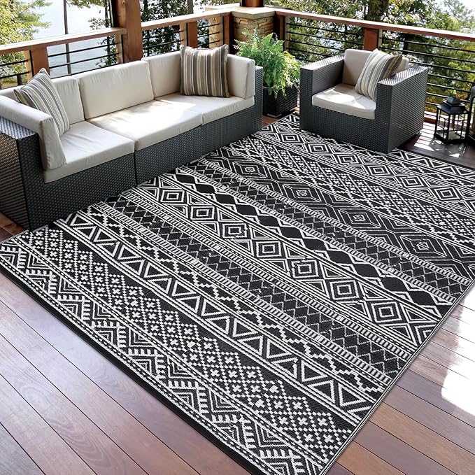 GAOMON Outdoor Plastic Straw Rug, 10'x20' Reversible Sage Green Patio Mat, Flower Modern Design for RV, Backyard, Deck, Camping, Picnic, Black/White(Bohemia)