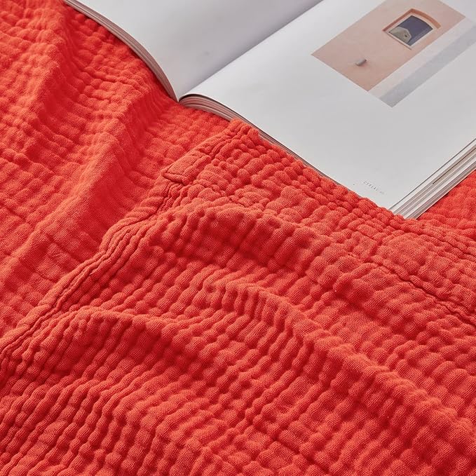 EMME Cotton Blanket Queen Size for Bed Soft Large Muslin Bed Blankets 90"x90" Lightweight Breathable All Season Gauze Blanket, Orange Rust