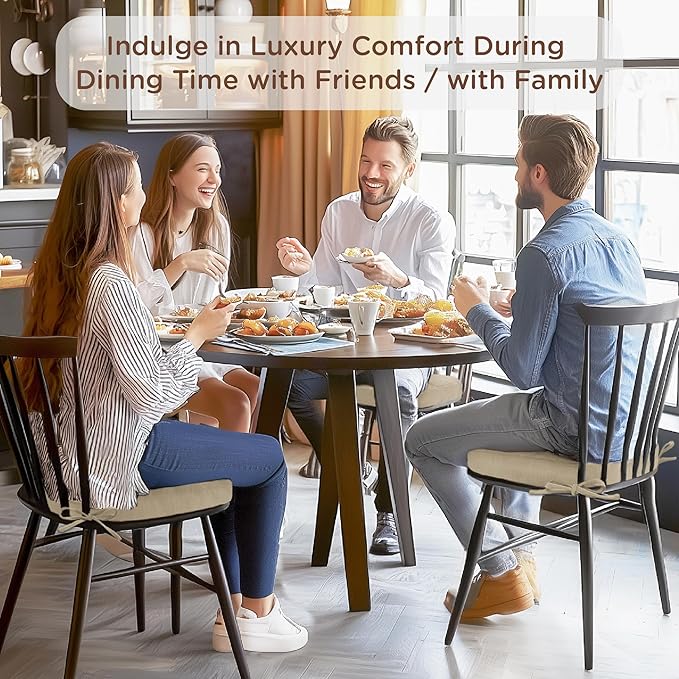 Codi Dining Chair Cushions 2 Pack, Thick Chairs Pads for Indoor Kitchen Room - Washable, Non-Slip Memory Foam Seat Cushion with Ties, 16.5"x16.5"x 3.5", Set of 2, Beige