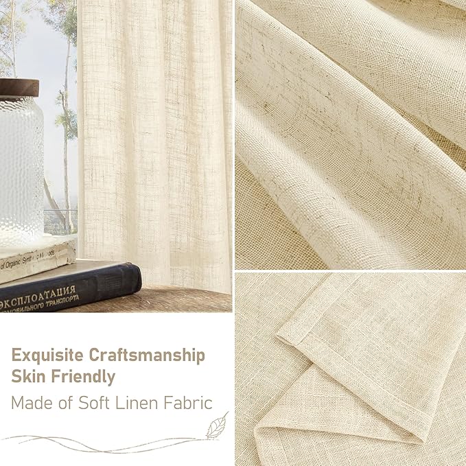 LAMIT Short Linen Curtains 40 inches Long for Small Window, Bronze Grommet Linen Drapes Light Filtering Sheer Window Curtains for Kitchen, Set of 2 Panels (34 x 40 Inch, Beige)