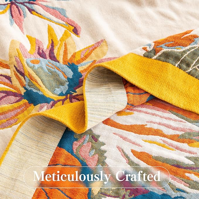 Boho Throw Blanket Twin Size, Soft Cozy Cotton Muslin Quilt Blanket for Bed Decor, Floral Patterned Couch Sofa Chair Cover, Vintage Farmhouse Cottage Tapestry Woven Blanket, Yellow&Blue