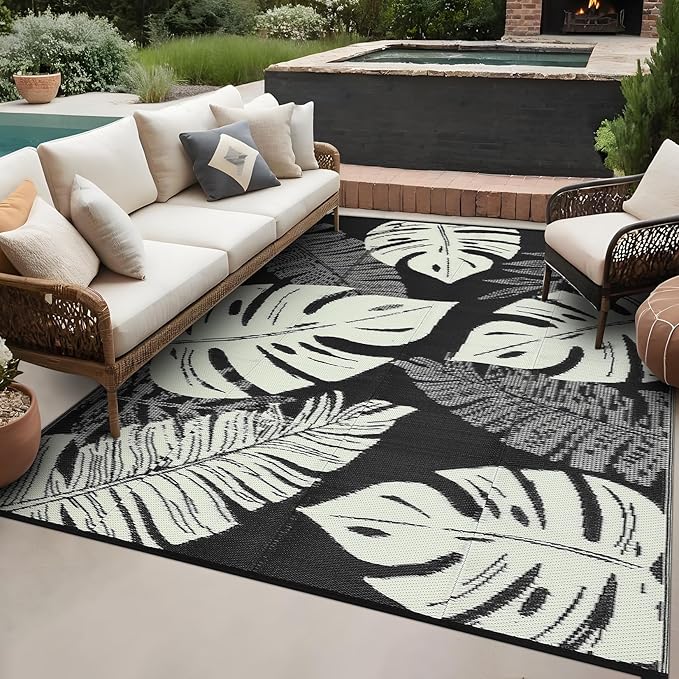 GAOMON Waterproof Plastic Straw Rug 9x12 Outdoor Rug for Patio, Reversible Modern Camping Mat with Bag & Stakes, UV Resistant & Easy to Clean Outdoor Carpet for RV, Deck, Balcony, Beige