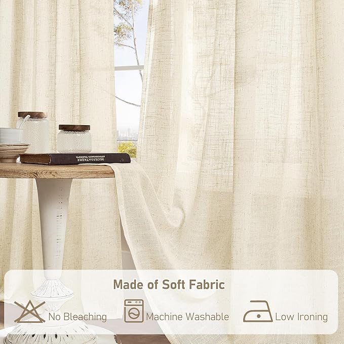 LAMIT Beige Linen Curtains 63 inches Length for Bedroom, Soft Thick Semi Sheer Light Filtering Bronze Grommet Window Treatments Decorative Drapes for Kitchen, 2 Panels Set, 34 x 63 Inch