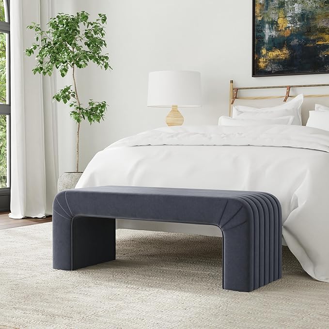 Modern Arch Channel Bedroom Bench Ottoman, 48" Entryway Bench and Shoe Rack, Soft Cushion Bench for Bedroom End of Bed, Ottoman Bench for Living Room, Bedroom, Entryway (Beach Blue Velvet)