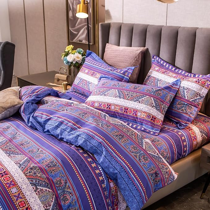 ABREEZE Bohemian Vintage Queen Size Floral Cotton Bedding Set 3Pcs Duvet Cover Set Boho Purple Paisley 100% Egyptian Brushed Cotton Reversible Home Bedding Collection