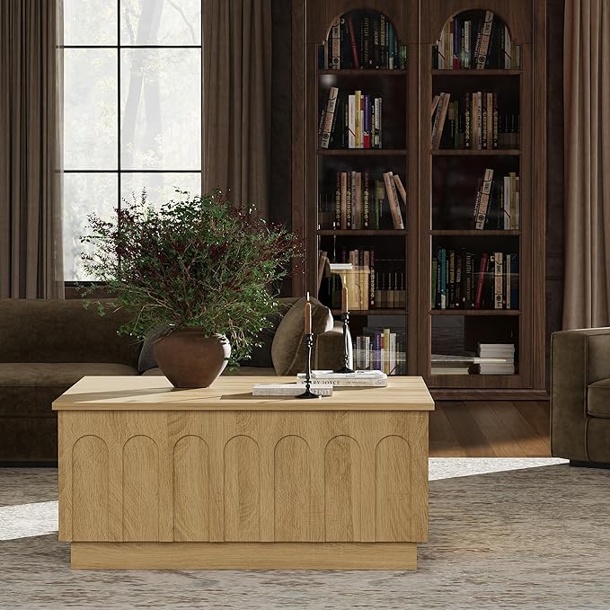 Lift Top Coffee Table with Storage, Modern Coffee Table with Arched Design, 31.5" Square Tea Table with Wood Grain, Boho Multifunctional Center Table for Living Room, Office, Oak