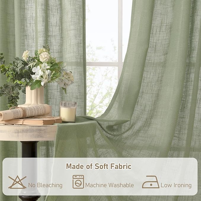 LAMIT Small Linen Curtains 2 Panels Set for Bebroom, 45 inches Long Soft Thick Light Filtering Bronze Grommet Window Textured Neutral Sheer Drapes for Kitchen/Loft Room, 52 x 45 Inch, Sage Green