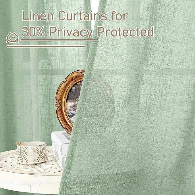 LAMIT Fresh Green Linen Curtains 72 Inch Length for Living Room, Soft Thick Linen Textured Window Drapes Semi Sheer Light Filtering Bronze Grommet Panels Rustic Country Decor, 2 Panels, 52 x 72 Inch