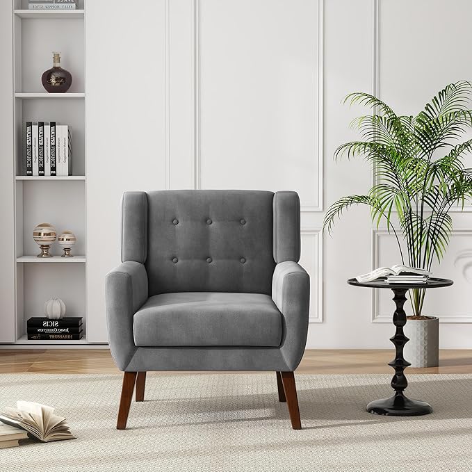 UIXE Accent Chair, Velvet Upholstered Armchair for Living Room, Modern Club Arm Chairs Comfy Single Sofa Button Tufted Bedroom Reading Seat - Gray, Set of 1
