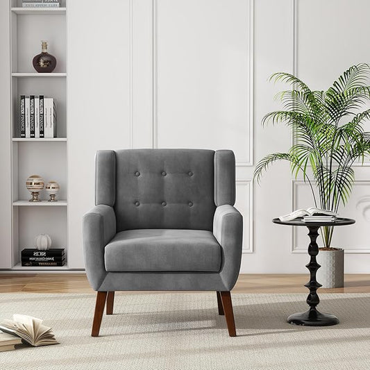UIXE Accent Chair, Velvet Upholstered Armchair for Living Room, Modern Club Arm Chairs Comfy Single Sofa Button Tufted Bedroom Reading Seat - Gray, Set of 1
