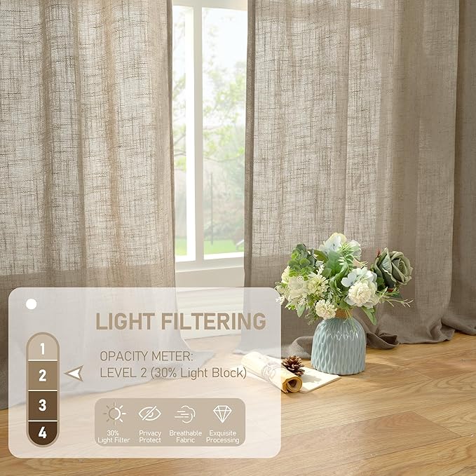 LAMIT Linen Curtains 63 Inch Length 2 Panels for Bedroom, Semi Sheer Drapes Light Filtering Neutral Window Treatments with Bronze Grommet for Living Room Rustic Country Decor, Taupe, 52 X 63 Inch