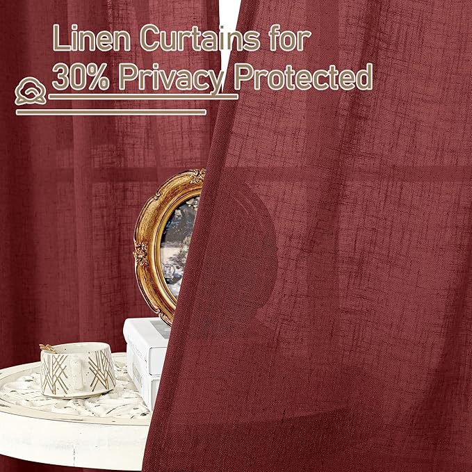 LAMIT Red Sheer Linen Curtains 45 Inch Length, Linen Textured Light Filtering Panels Bronze Grommet Christmas Decor Drapes for Small Windows/Kitchen/Bedroom, 2 Panels Set, Burgundy Red, 34 x 45 Inch