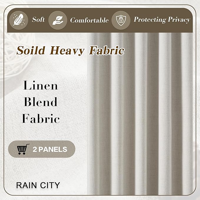 RAIN CITY 94 Inch Long Black Out Curtains 2 Panels Custom Drapery Neutral Blackout Pleated Ceiling Track Curtain for Dining Room Linen Textured Back Tab with Hooks 50"x94"