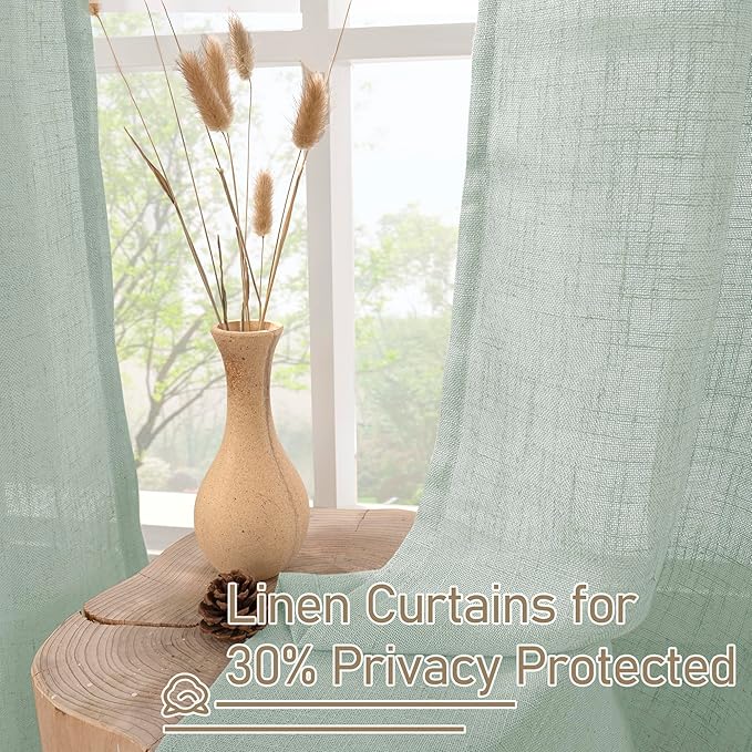 LAMIT 72 Inch Linen Sheer Curtains for Bedroom, Linen Textured Light Filtering Drapes Bronze Grommet Boho Neutral Panels for Farmhouse/Living Room, 2 Panels, 52 x 72 Inch, Light Sage
