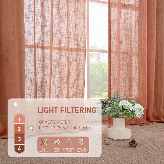 LAMIT Natural Linen Semi Sheer Curtains 48 Inch for Short Windows, Light Filtering Curtains Farmhouse Boho Bronze Grommet Drapes for Kitchen/Loft Room, 2 Panels (34 x 48 Inch, Terracotta)